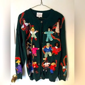 Vintage Susan Bristol knit cardigan, multicultural children appliqué